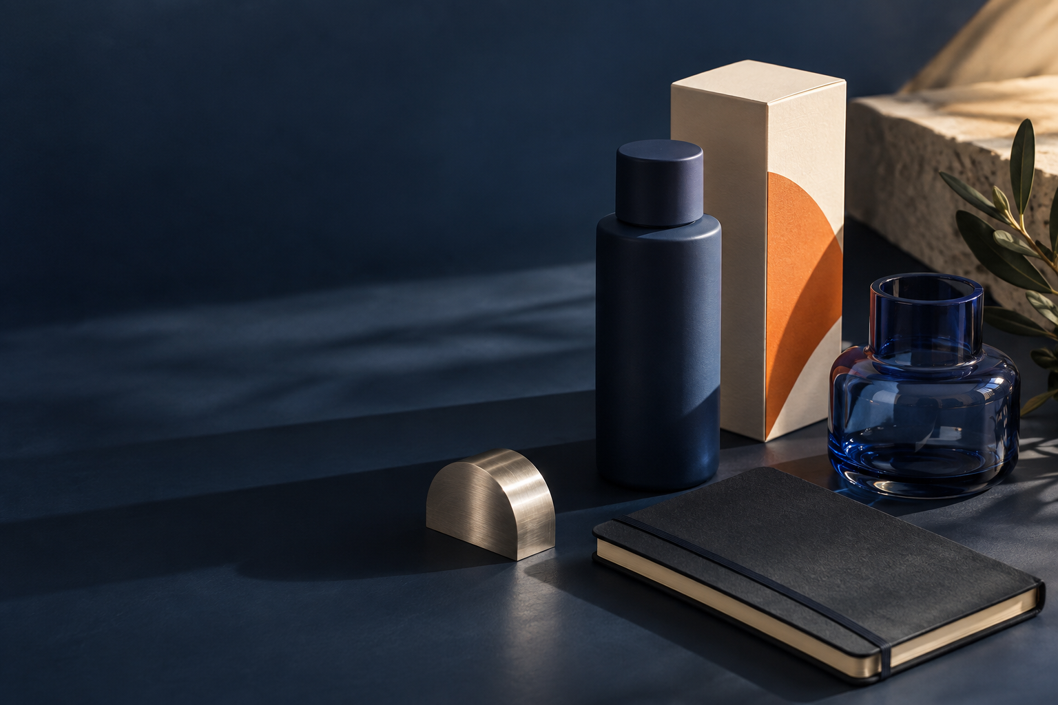 Editorial still life of unbranded product packaging and a notebook on a navy desk